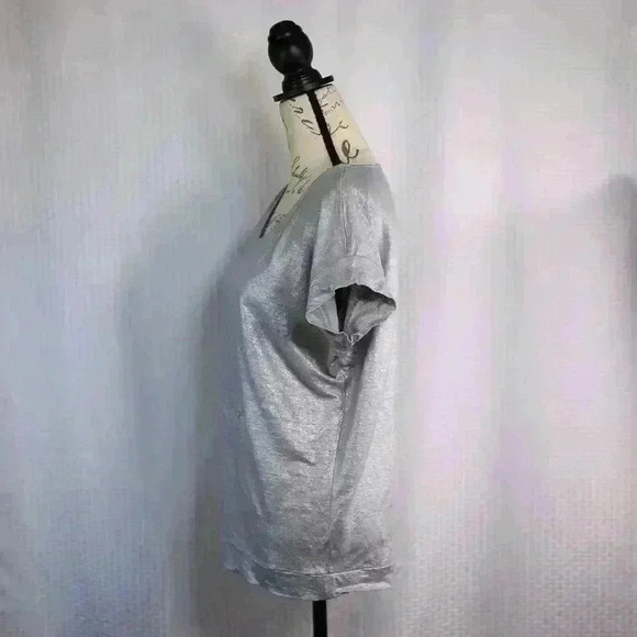 Eileen Fisher Size S 100% Linen silver metallic short sleeve jersey knit top - Picture 6 of 13